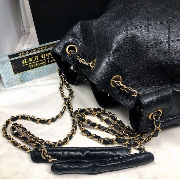 Vintage Chanel Black Lambskin Quilted CC Drawstring Bucket Bag Leather Backpack - Picture 9 of 16